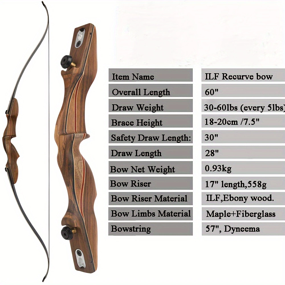 60 Inch ILF Recurve Bow Hunting Bow 30-60 Pound Wooden Bow Set Outdoor Archery Shooting Accessories Right Hand
